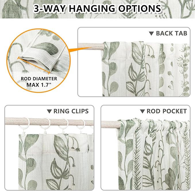 MEETSKY Sage Green Curtains 108 Inches Long 2 Panels Boho Curtains for Living Room Light Filtering Patterned Drapes for Bedroom Linen Style Back Tab Leaf Print Window Treatment, 50” Wide Each Panel