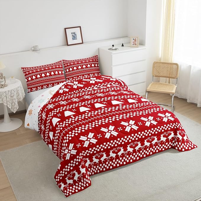 Feelyou Red Christmas Bedding Set for Kids Boys Girls Queen Size Xmas Deer Decor Comforter Set Ultra Soft Xmas Snowflake Comforter Winter Duvet Quilt Bedroom Decor Christmas Decor Quilt