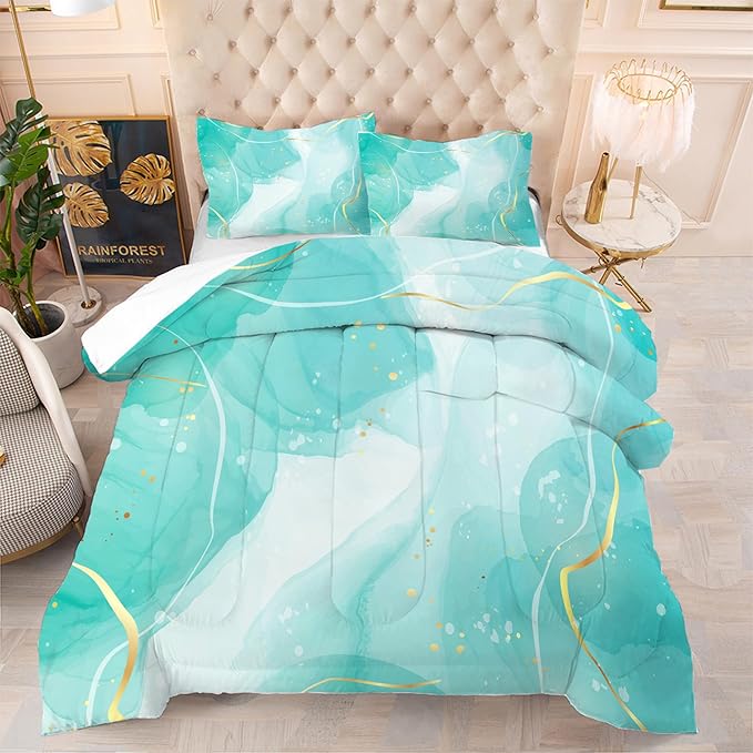 Comforter Set Teal Marble: King Size Aqua Marble Bedding Sets for Women Adults Room Decor Abstract Cyan Blue Green Quilt Luxury Gold Bed Set 1 Comforter & 2 Pillowcases