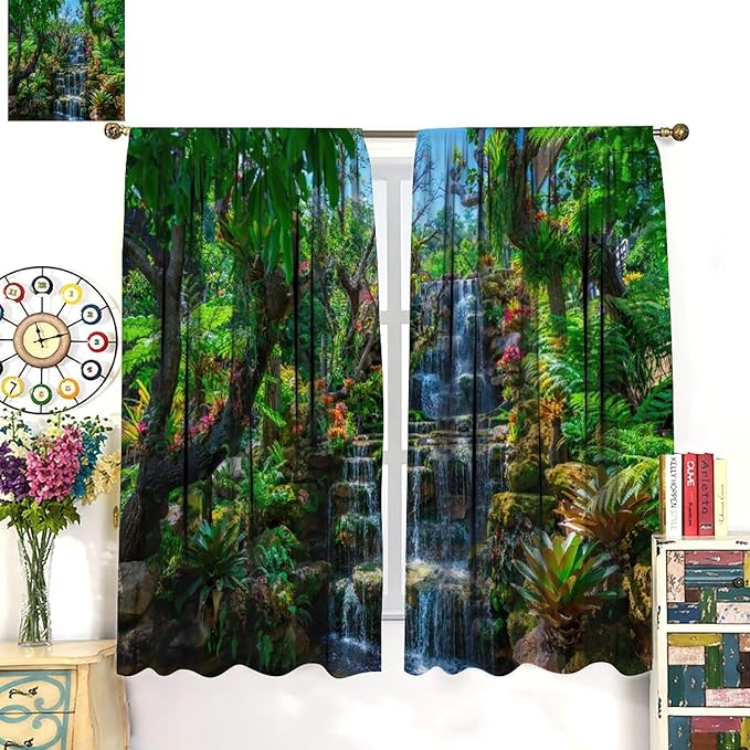 Waterfall Blackout Window Curtains, Spring Forest Nature Landscape Theme Pattern Print Window Drapes, for Living Room Bedroom 55x63in 2 Panels