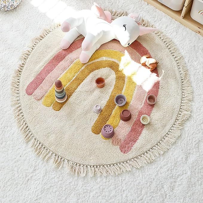 Rainbow Tassels Soft Area Rug for Girls Kids Room Washable Artificial Wool Bedroom Living Room, Kid Round Carpet Rainbow Pattern, Non-Slip Indoor Floor Carpet Home Decor, 3 Feet