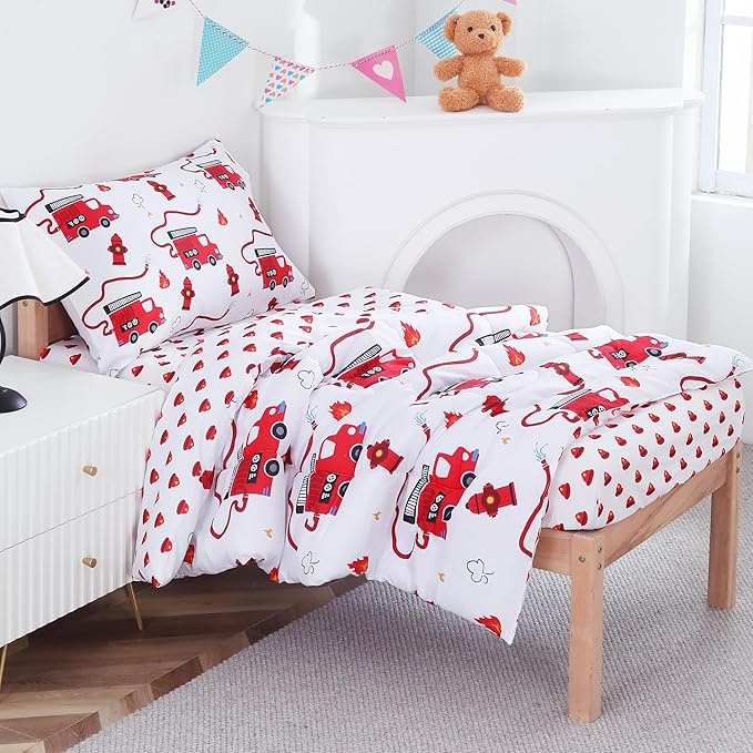 Viviland Fire Truck Toddler Comforter Sets, Cute Boys Girls Toddler Bedding Set, Soft Microfiber Fire Engine Toddler Bed Set