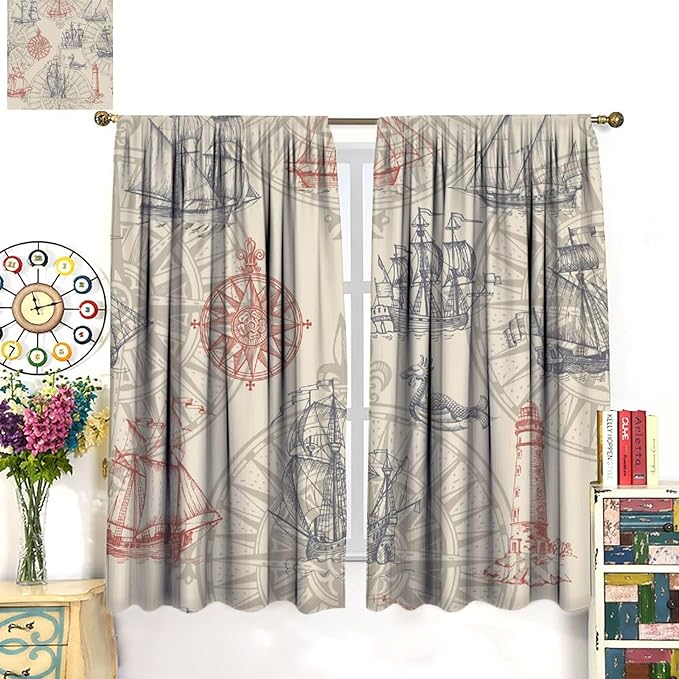 Abstract Nautical Curtain Set Seahorse Curtain for Kids Yellow Polyester Fabric Bedroom Curtain Set 2 Panels,63x72 Inches