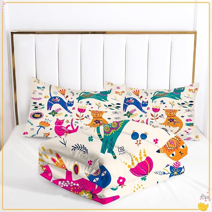 Cat Comforter Set Full : Cute Floral Cats Full Size Bedding Sets for Girls Kids Teens Children Cartoon Flowers Kawaii Animals Print Quilt Duvet Bed Set with 1 Comforter & 2 Pillowcases