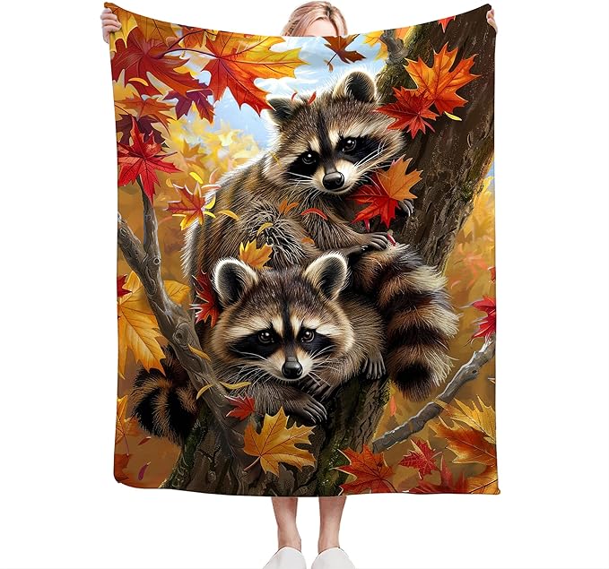 Raccoon Blanket Funny Raccoons Gifts for Girls Boys Woman Kids Raccoon Lover Maple Leaf Throw Blankets Soft Blanket Warm Fleece Flannel Plush Blankets for Bed Sofa Couch 40"x50"