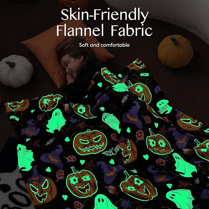 Joiedomi Glow in The Dark Blanket Pumpkin Black, Toys Gifts for Girls Age 2 3 4 5 6 7 8 9 10 11 12 Year Old, Soft Cozy Flannel Kids Throw Blanket, Christmas Birthday Present Bedroom Decor 50"×60"