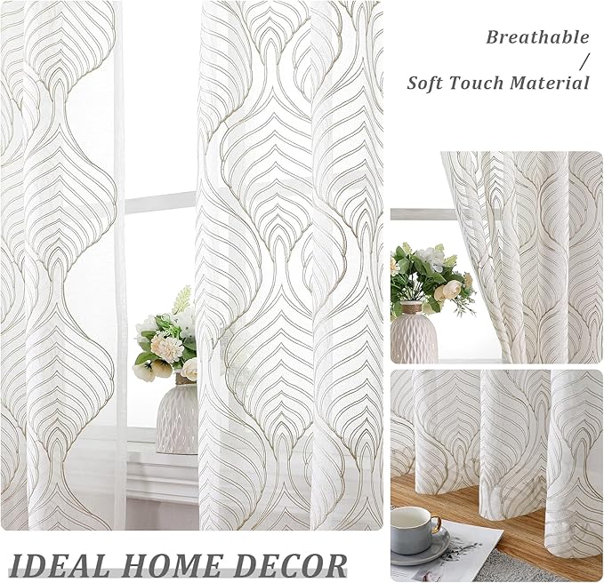 VISIONTEX Sheer Curtains 72 Inches Long 2 Panels Set Taupe Moroccan Embroidery Texture Geometric Rod Pocket Ivory White Voile Tulle Semi Window Treatment Pair for Bedroom Living Room 54 x 72 Inches