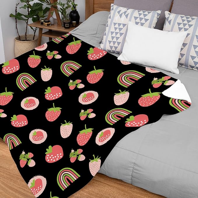 Thuswarm Cute Pink Strawberry Rainbow Flannel Throw Blanket Warm Cozy Soft Funny Print Blankets for Bed Couch Sofa Room Decoration Gifts 50"×40" Small for Kid