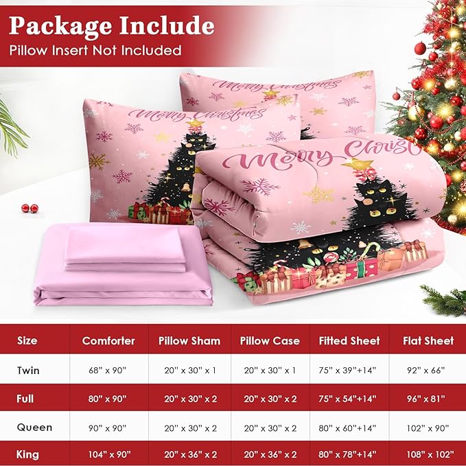 7 Pcs King Size Christmas Comforter Set with 2 Pillowcases & 2 Shams, Black Cat Xmas Trees Bedding for Kids and Adults, Pink Snowflakes Bed in a Bag with Flat Fitted Sheet
