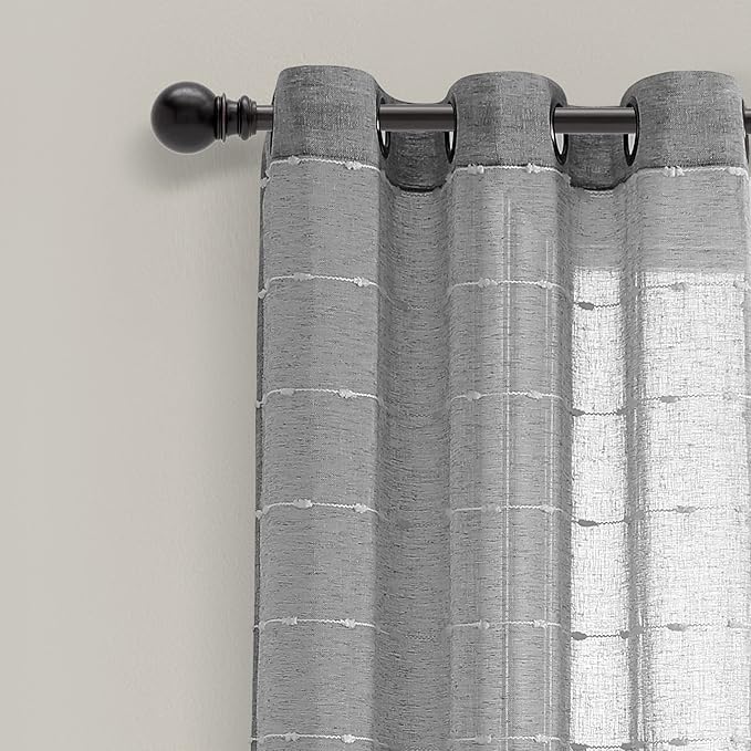Lush Decor Farmhouse Textured Grommet Sheer Window Curtain Panel Pair, 38"W x 63"L, Dark Gray