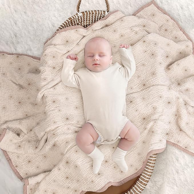 lulumoon Muslin Quilt Blanket, Crib Blanket for Baby and Toddler,47x47 Inches(Sand Daisy)