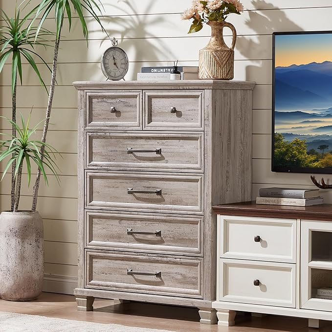 Farmhouse Bedroom Dresser and Nightstand Set of 4, 6 Drawer Tall & 5 Drawers Dresser & 2 Drawer Nightstand Set, Rustic Wood Furniture Set for Bedroom, Hallway, Grey