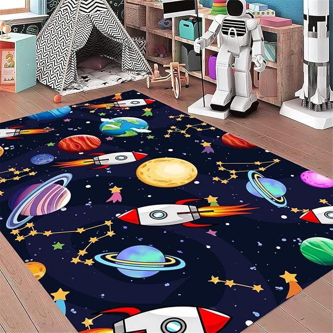 Outer Space Themed Rug,5x8ft,with Cartoon Planets,Stars and Rocket Design Rugs, Suitable for Playroom Bedroom Printed Rug, Non-Slip Machine Washable Carpet, Children's Room Decor