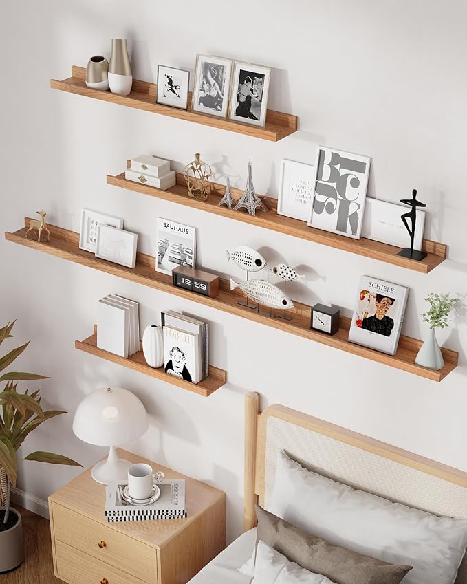 Axeman Cherry Picture Ledge Shelf, 48 Inch Floating Shelves Set of 2, Solid Wood Wall Shelves with Lip, Wall Decor Storage for Bedroom Living Room Bathroom Kitchen Nursery Photo, Natural Cherry