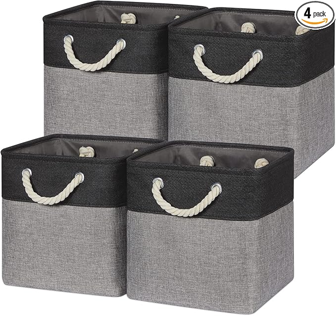 Temary Storage Baskets 4 Pack Fabric Storage Cubes Basket for Organizing, Collapsible Cloth Baskets with Handles for Shelves, Home, Closet (Black&Gray)