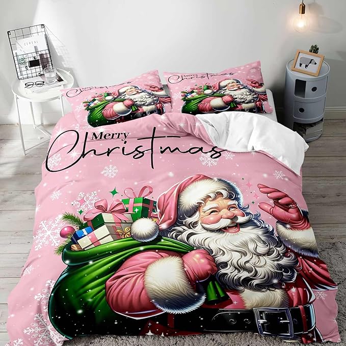 LUVIVIHOME 3PCS Pink Santa Claus Duvet Cover Full, Christmas Bedding Sets, Pink Duvet Cover, Kids Girls Bedding, Snowflake Holiday Xmas Gifts Christmas Comforter Bedspread Quilt Cover, 2 Pillow Shams