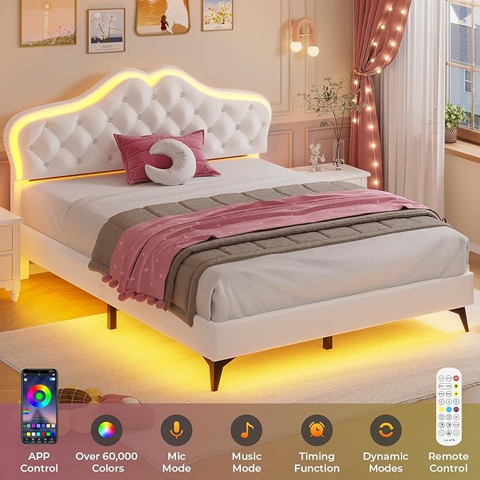 ADORNEVE Full Bed Frame with RGB LED Lights, Princess Bed Frame with Adjustable Crystal Button Headboard, Velvet Upholstered Platform Bed for Girls, Solid Wooden Slats, Easy Assembly, Creamy White