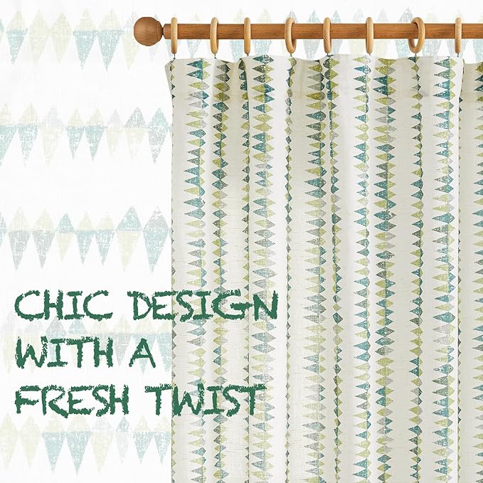 jinchan Linen Nursery Curtains for Living Room Boho Curtains for Bedroom Kids Room 63 Inches Long Geometric Printed Farmhouse Drapes Rod Pocket Window Treatment Curtain Set of 2 Panels Green