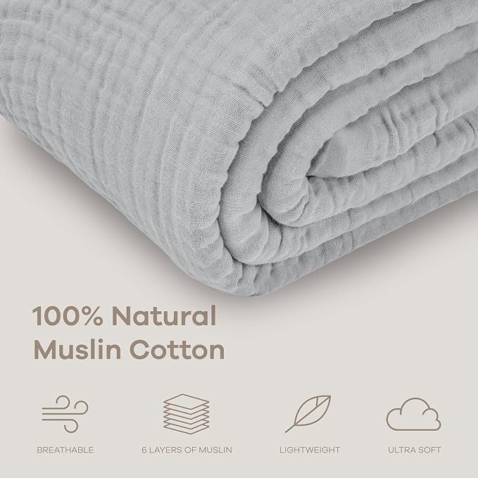 Comfy Cubs Muslin Throw Blanket - 50” x 60” Quilted Design - Lightweight, Breathable 6-Layer Gauze Fabric - Soft Cotton Blanket for Home or Travel - Packaged in Elegant Gift Box - Heather Blue
