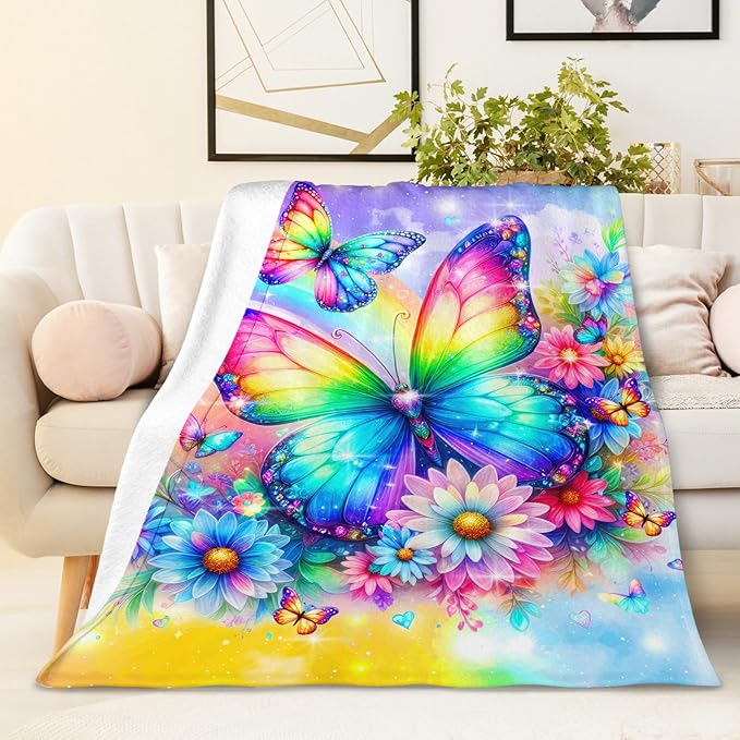 Girls Butterfly Blanket Gift, Throw for Kids Teens Adults 50x60 Inches Soft Warm Throw Blankets for Sofa Couch Bed Travel Aesthetics Decor Stuff