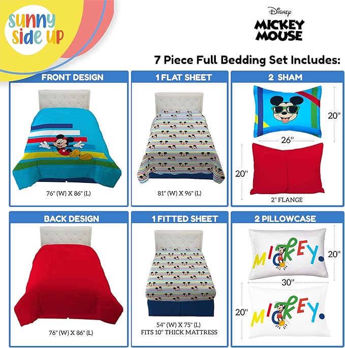 Sunny Side Up Disney Mickey Mouse Full Comforter Set - 7 Piece Kids Bedding Includes Comforter, Sheets & Pillow Cover - Super Soft Microfiber Bed Set