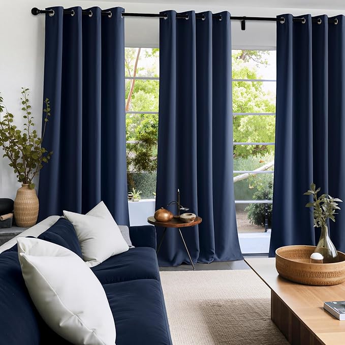 NICETOWN Blackout Curtains Panels for Bedroom, 2 Panels, 52 x 96 Inch, Navy, 3 Pass Microfiber Noise Reducing Thermal Insulated Solid Ring Top Blackout Window Drapes