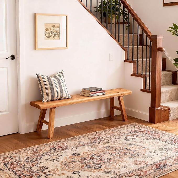 Wooden Entryway Bench Farmhouse for Bedroom End of Bed Vintage Artisan Live Edge Ustic Interior Decor Accent Mudroom,Bedside,Dinette Table,Noodle Narrow Bench (47.2" W x 17.7" H x 10" D)