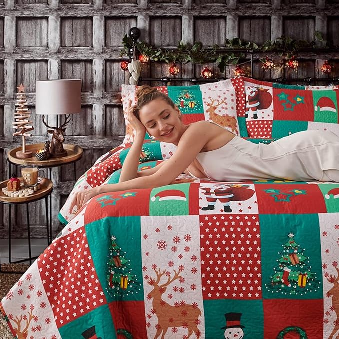Christmas Bedding Set Queen Size Christmas Quilt Bedspread Holiday Xmas Bedding Plaid Patchwork Rustic Lodge Cabin Snowman Santa Claus Festival Decor Lightweight Reversible Bedspread Coverlet Red