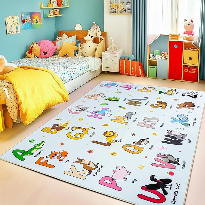 Kids Rugs for Playroom, 8x10 Ft Educational Rug for Learn The ABC Alphabet, Soft Machine Washable Non-Slip Cute Cartoon Animals Carpet for Classroom Toddler Nursery Kids Room Decor, Blue