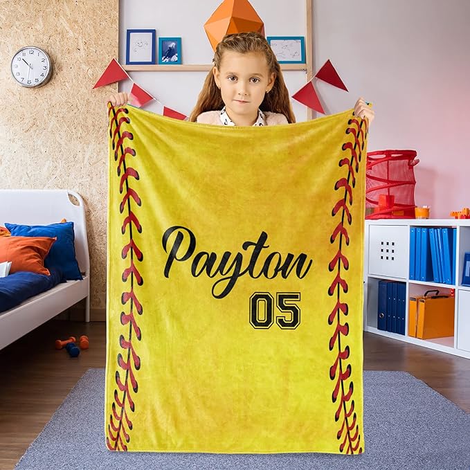 Personalized Softball Kids Blanket with Naumber and Name - Custom Sport Bed Blankets Gift for 0-3 Months Baby Essential - Super Warm and Comfortable 40x50inch
