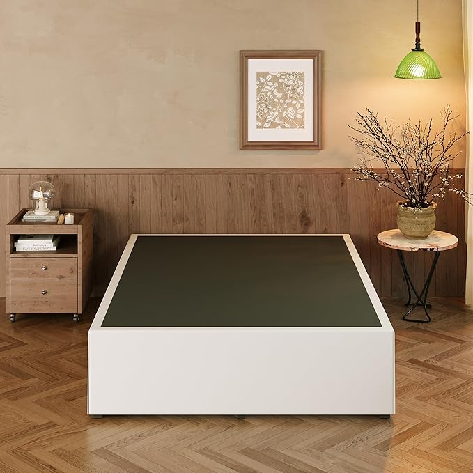 EMODA 18 Inch California King Bed Frames with White Cover, Heavy Duty Metal Cal King Platform Bed Frame No Box Spring Needed, Noise Free