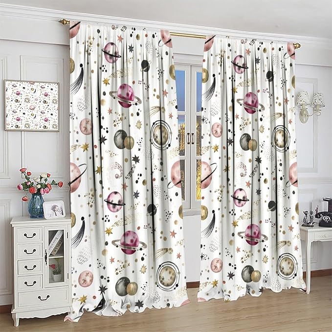 Kids Outer Space Curtains, Cartoon Galaxy Planet Universe Starry Starts Printed Window Drapes for Boys Girls Teens Bedroom Nursery 42" W X 45" L