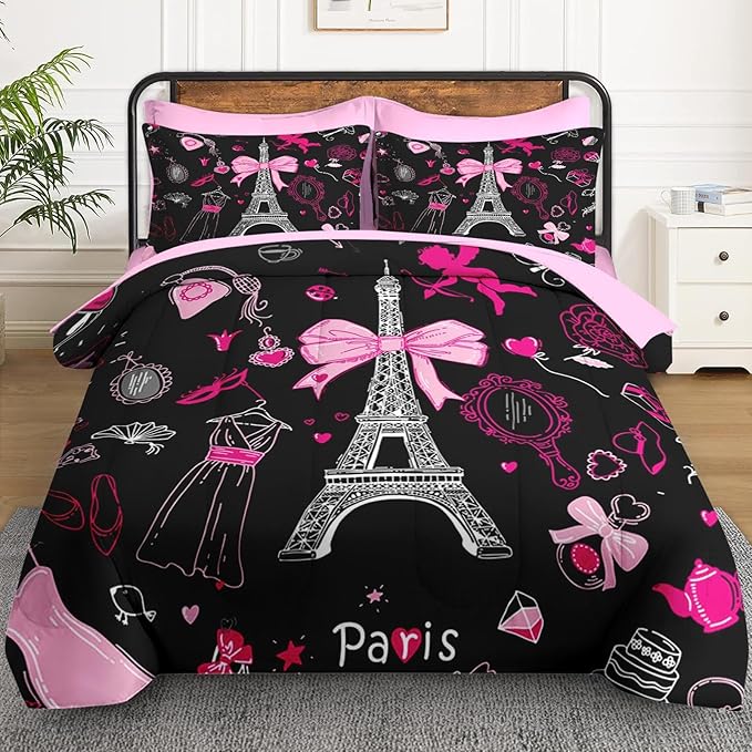 7 Pcs King Size Comforter Set with 2 Pillowcases & 2 Shams, Paris Eiffel Tower Bedding for Kids and Adults, Cute Pink Makeup Fashion Dress Bed in a Bag with Flat Fitted Sheet