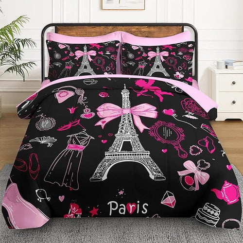 7 Pcs King Size Comforter Set with 2 Pillowcases & 2 Shams, Paris Eiffel Tower Bedding for Kids and Adults, Cute Pink Makeup Fashion Dress Bed in a Bag with Flat Fitted Sheet