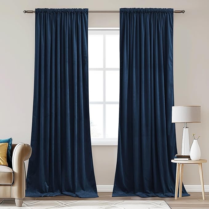 StangH Back Tab Navy Blue Curtains for Wide Sliding Door, Luxury Velvet Light Blocking Noise Reducing Drapes for Room Dividers/Boys Bedroom/Office, W62 x L96, 2 Panels