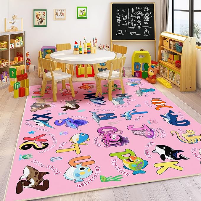 Kids Rug for Playroom, 8x10 Ft Educational Rug for Learn The ABC Alphabet, Soft Machine Washable Non-Slip Cute Marine Organisms Carpet for Classroom Toddler Nursery Kids Room Decor Mat, Pink