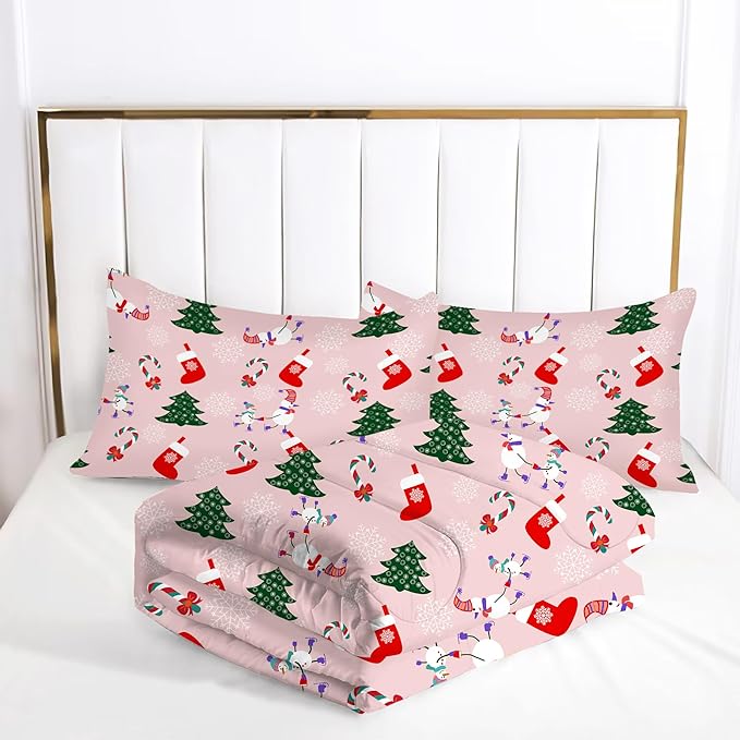 Comforter Set Pink Christmas: King Size Xmas Snowman Bedding Sets Cute Green Christmas Tree Snowflake Candy Cane Quilts Festival Decor Bed Set 1 Comforter & 2 Pillowcases