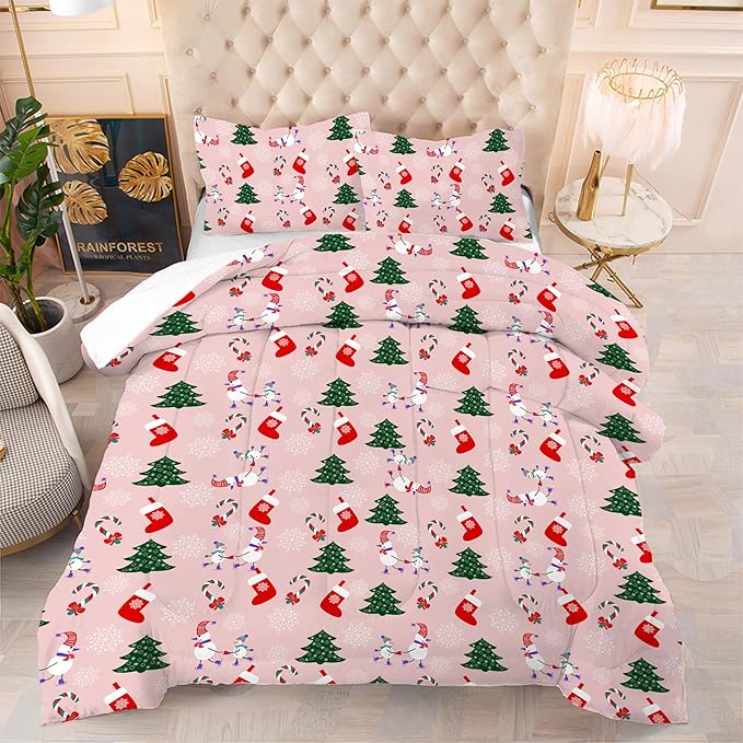 Pink Christmas Comforter Set: Full Size Christmas Tree Snowman Bedding Set for Teens Girls Xmas Stocking Candy Cane Quilts Snowflake Bed Set 1 Comforter & 2 Pillowcases
