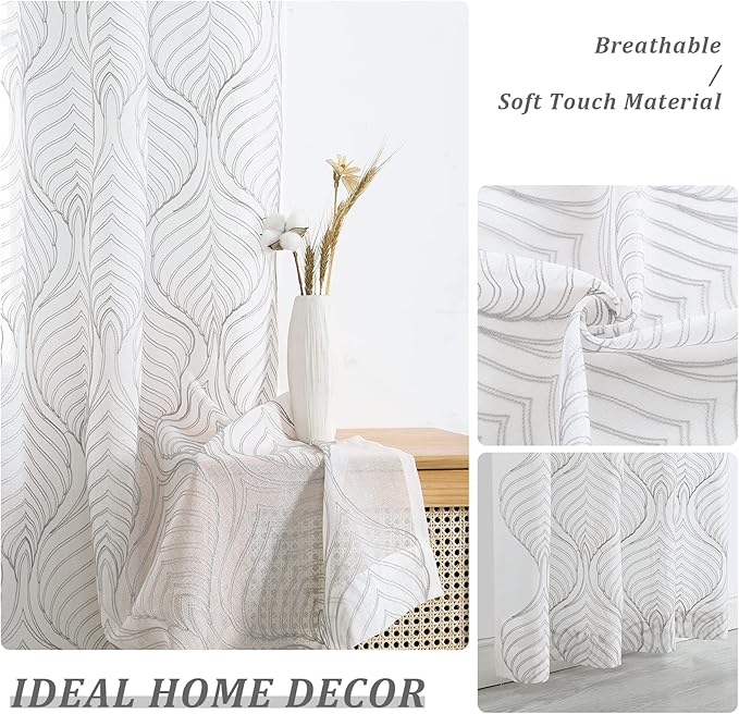 VISIONTEX Sheer Curtains 72 Inches Long 2 Panels Set Grey Moroccan Embroidery Texture Geometric Rod Pocket Ivory White Voile Tulle Semi Window Treatment Pair for Bedroom Living Room 54 x 72 Inches