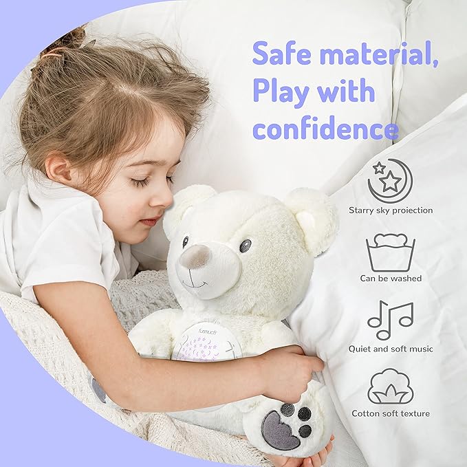 BELLOCHIDDO Baby Sleep Soother, Mom's Heartbeat Lullabies Soothing Sounds White Noise Machine, Auto-Off Timer Night Light Projector, Unique Gifts for Babies, Stuffed Animal Toys (Polar Bear)