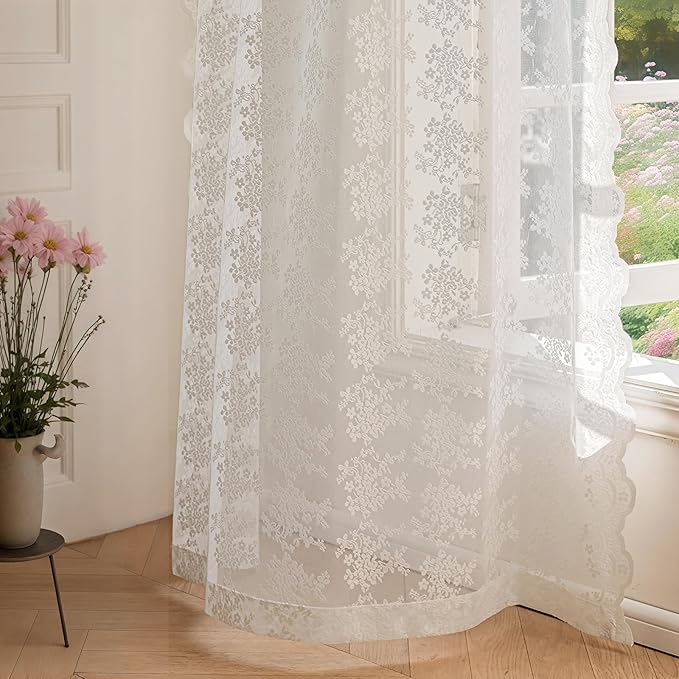 Anmao Vintage White Lace Curtains 84 Inches Long 2 Panels Set, Romantic Elegant Light Filtering Semi Sheer Floral Thick Lacy Curtain Drapes for Living Room and Bedroom, Each Panel 55W x 84L, Off White