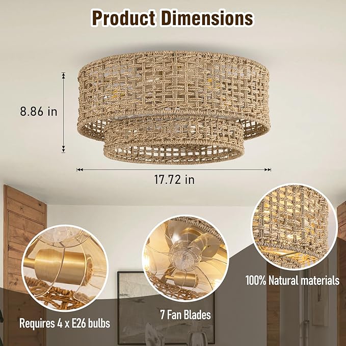 Boho Fandelier Ceiling Fan with Light,Rattan Caged Ceiling Fan with Light and Remote Control,Enclosed 6 Speeds for Bedroom, Living Room,Kitchen