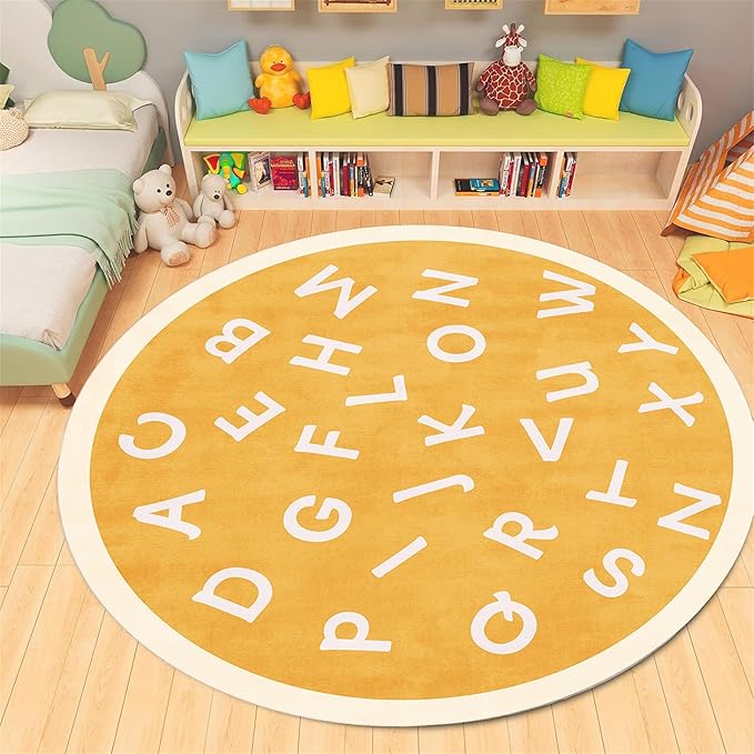 Round Playroom Area Rug,4ft,ABC Children's Round Bedroom Rug, Non-Slip Washable Baby Nursery Rug, Large Toddler Rug Educational Crawling Mat, Suitable for Nursery, School Classroom, Playroom