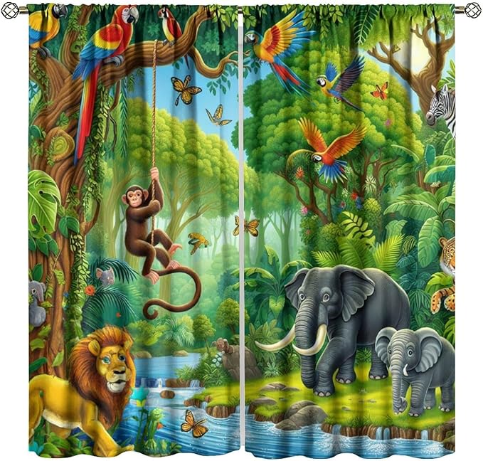Animals Window Curtain Cartoon Jungle Forest Elephant Lion Print Curtains for Kids Boys Girls Nursery Baby Bedroom Playroom Home Decor Window Drapes 52" W X 84" L