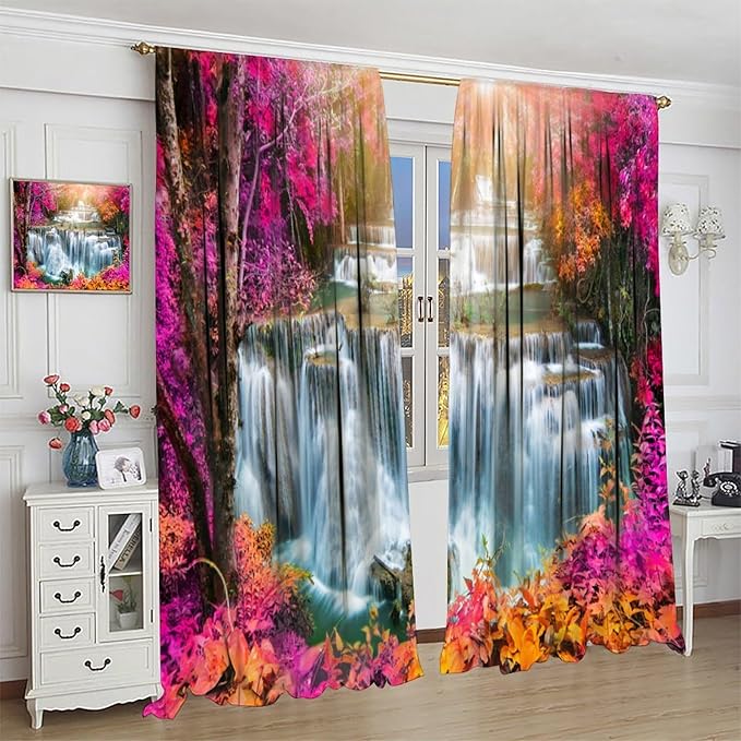 Waterfall Blackout Window Curtains, Nature Landscape Fores Theme Rod Pocket Window Drapes, for Living Room Bedroom 63" W X 72" L