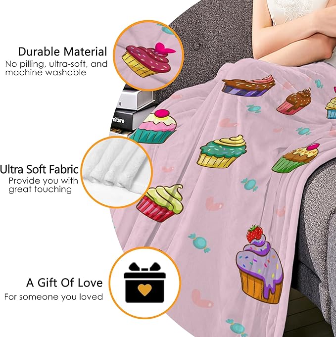 Thuswarm Cupcake Candy Pink Flannel Throw Blanket Warm Cozy Soft Funny Print Blankets for Bed Couch Sofa Room Decoration Gifts 120”×90” Extra Large for Family