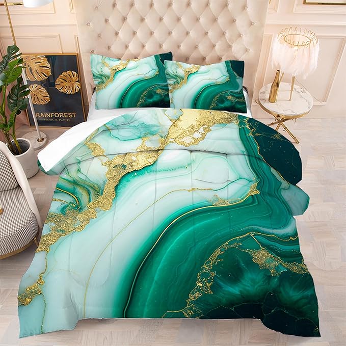Comforter Set Green Marble: Full Size Emerald Green Gold Bedding Set for Teen Girls Kids Adults Abstract Turquoise Watercolor Marbling Quilt Bed Sets 1 Comforter & 2 Pillowcases
