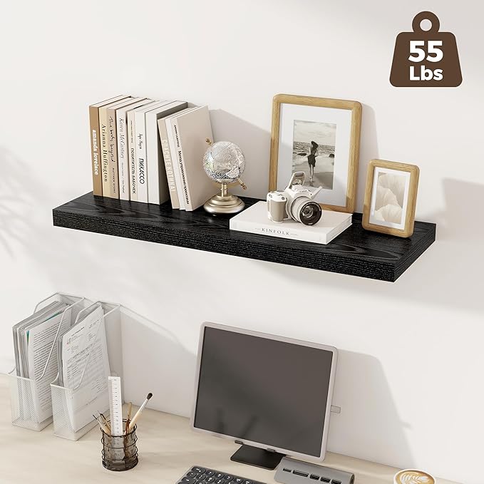 Fun Memories Deep Floating Shelves, 36" W x 12" D Wood Floating Shelves for Wall, 2 Pack Extra Deeper & Thicker Wall Mounted Storage Shelf for Living Room Laundry Room Kitchen Home Office, Black