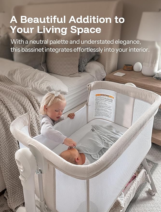 HARPPA Cuddly Baby Bassinet Bedside Sleeper, 3 in 1 Rocking Bassinet with Mattress and Soft Cover, Full Mesh Sides, 5 Height Adjustable with Wheels for Newborns, Beige
