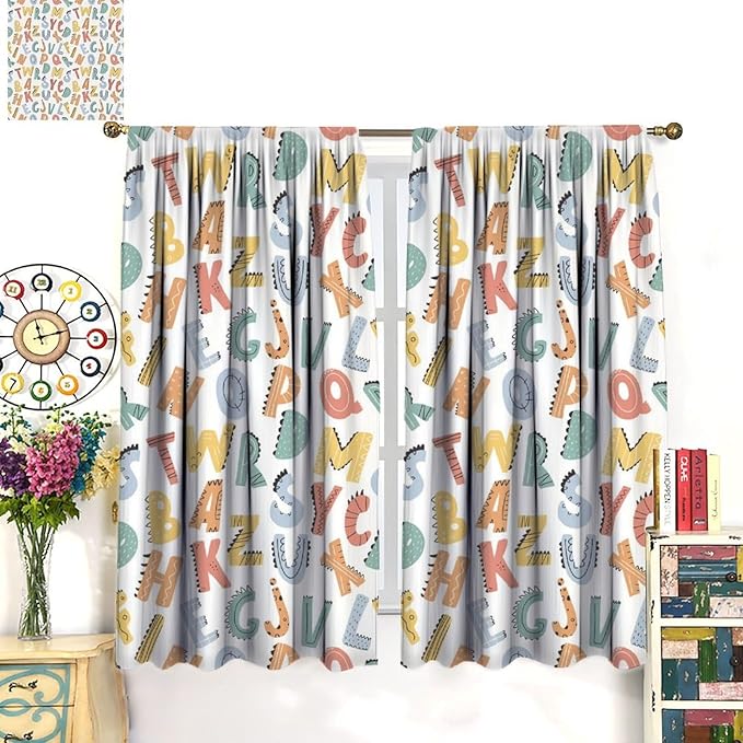 Kids Alphabet Letter Curtains Cute Funny Education Printed Curtain with Rod Pocket for Bedroom Living Room Home Decor Drapes Window Treatments 2 Panels Set 42" W X 54" L